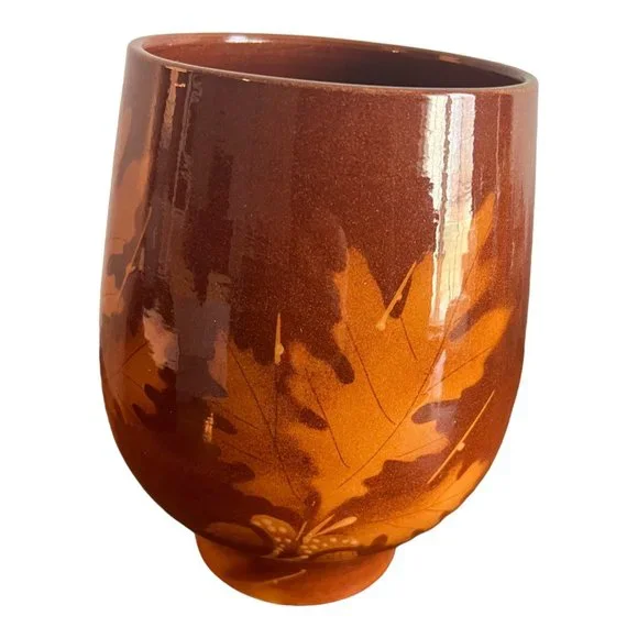 Alvino Bagni Italian Designed Leaf Pattern Vase 7.5" Brown Ceramic - Picture 3 of 7